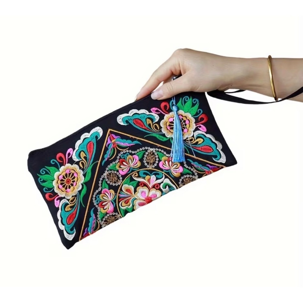 NEW Boho Embroidered Clutch Bag Black Floral Tassel Wristlet Pouch Evening
